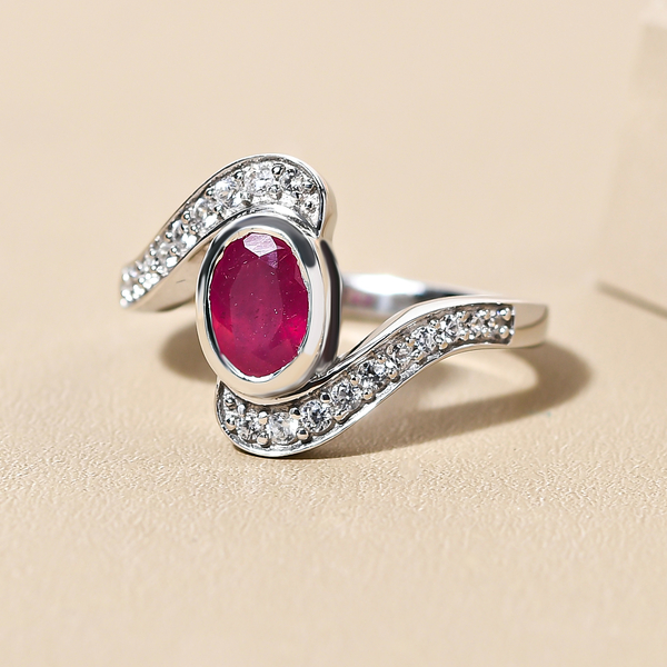 African Ruby (FF) and Natural Cambodian Zircon Bypass Ring in Platinum Overlay Sterling Silver 1.48 Ct.
