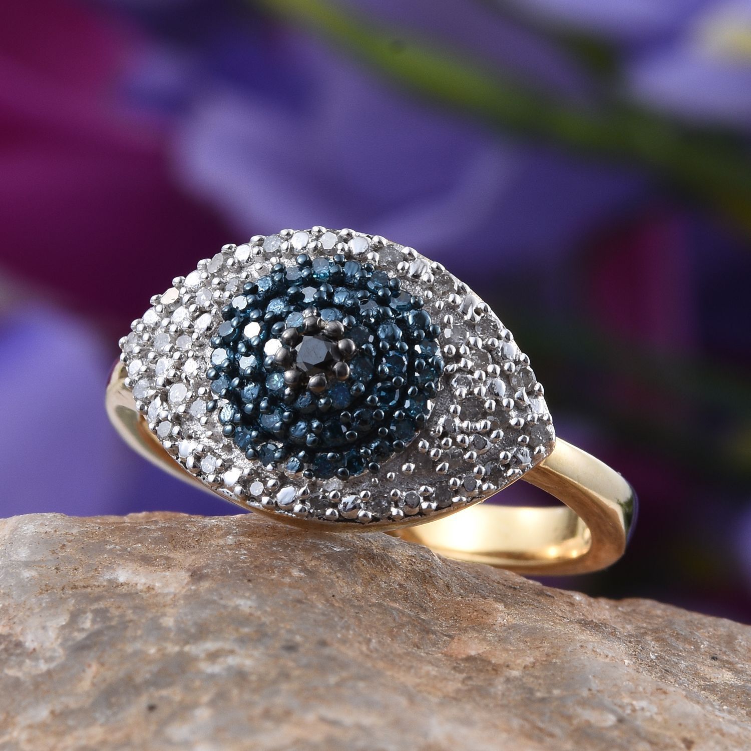 Black Diamond (Rnd), Blue and White Diamond Evil Eye Ring in 14K Gold Overlay Sterling Silver 0.350 Ct.