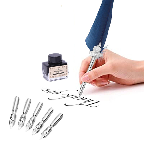 Set of Navy Feather Pen with Pen Stand, Black Ink (15ml) and 6-Different Nip Shapes in Silver Tone