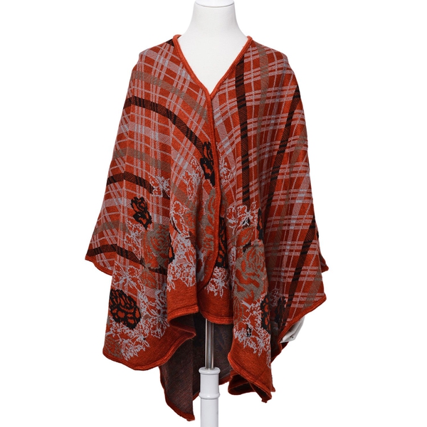 Designer Inspired Floral and Checks Pattern Red and Multi Colour Poncho (Size 120x90 Cm)