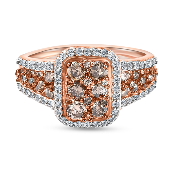 Champagne and White Diamond Cluster Ring in Rose Gold Overlay Sterling Silver 1.00 Ct.