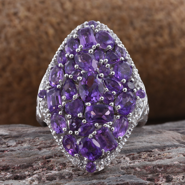Amethyst and Natural Cambodian Zircon Cluster Ring in Platinum Overlay Sterling Silver 6.750 Ct. Silver wt 6.50 Gms.