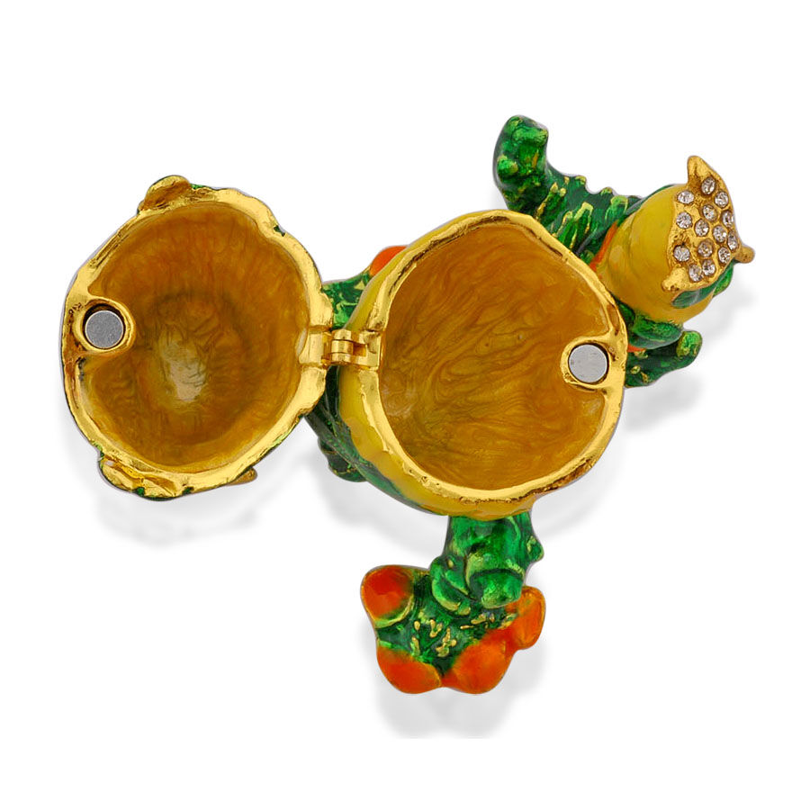Two Owl Enameled Trinket Box in Gold Tone Decorated with White and Green Austrian Crystal