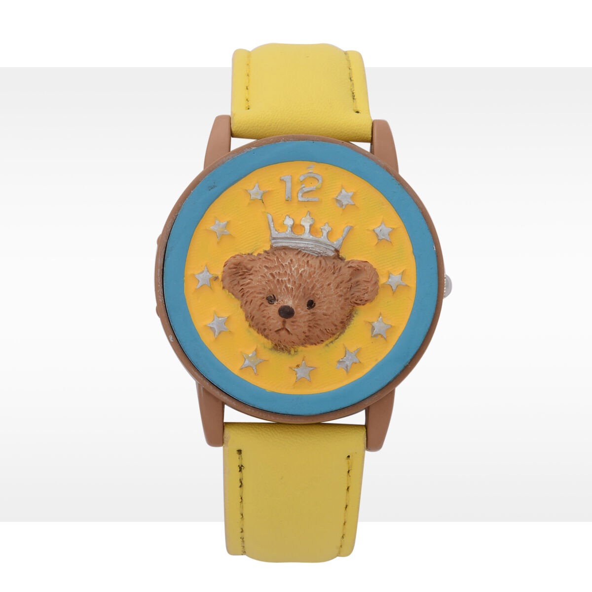 STRADA Japanese Movement White Dial with Teddy Bear Cover Watch in Silver Tone with Yellow Strap