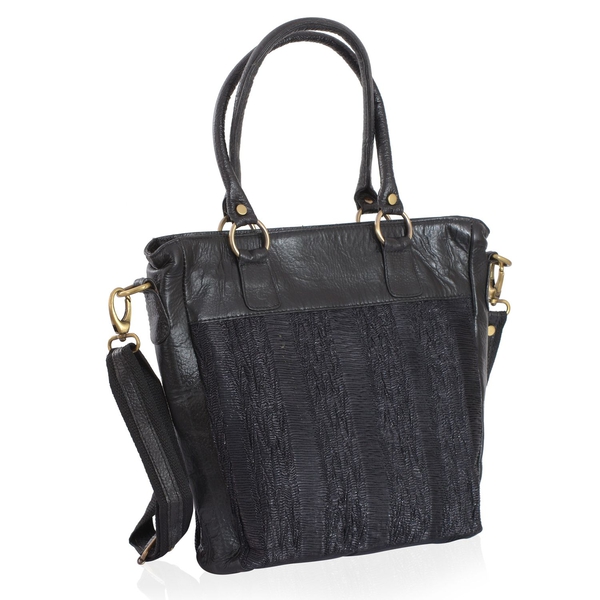 Genuine Leather Black Colour Hand Bag with Adjustable and Removable Shoulder Strap (Size 26x35x6.5 Cm)