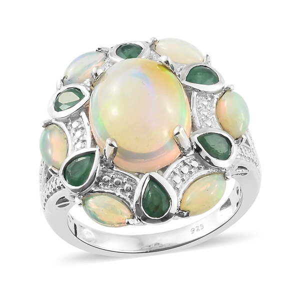 5 Ct Ethiopian Welo Opal and Kagem Zambian Emerald Floral Ring in Platinum Plated Silver 6.05 Grams