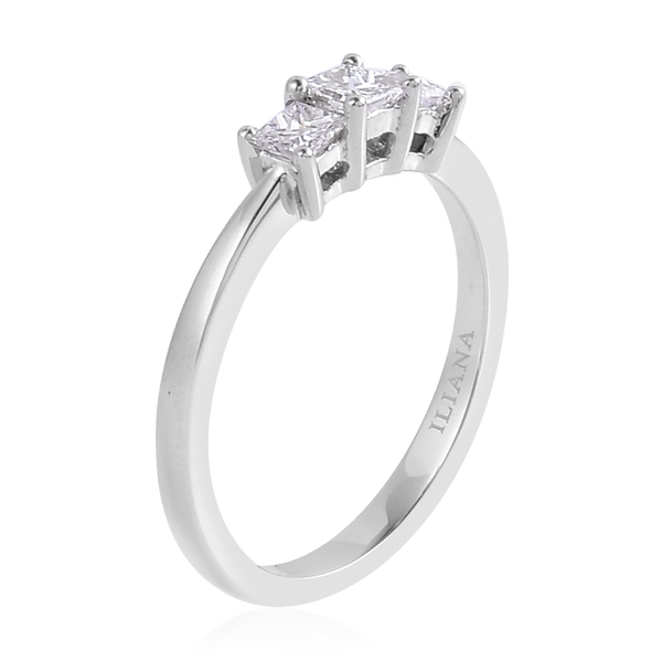 ILIANA 18K White Gold IGI Certified 0.50 Carat Diamond Princess (SI/ G-H) Trilogy Engagement Ring.