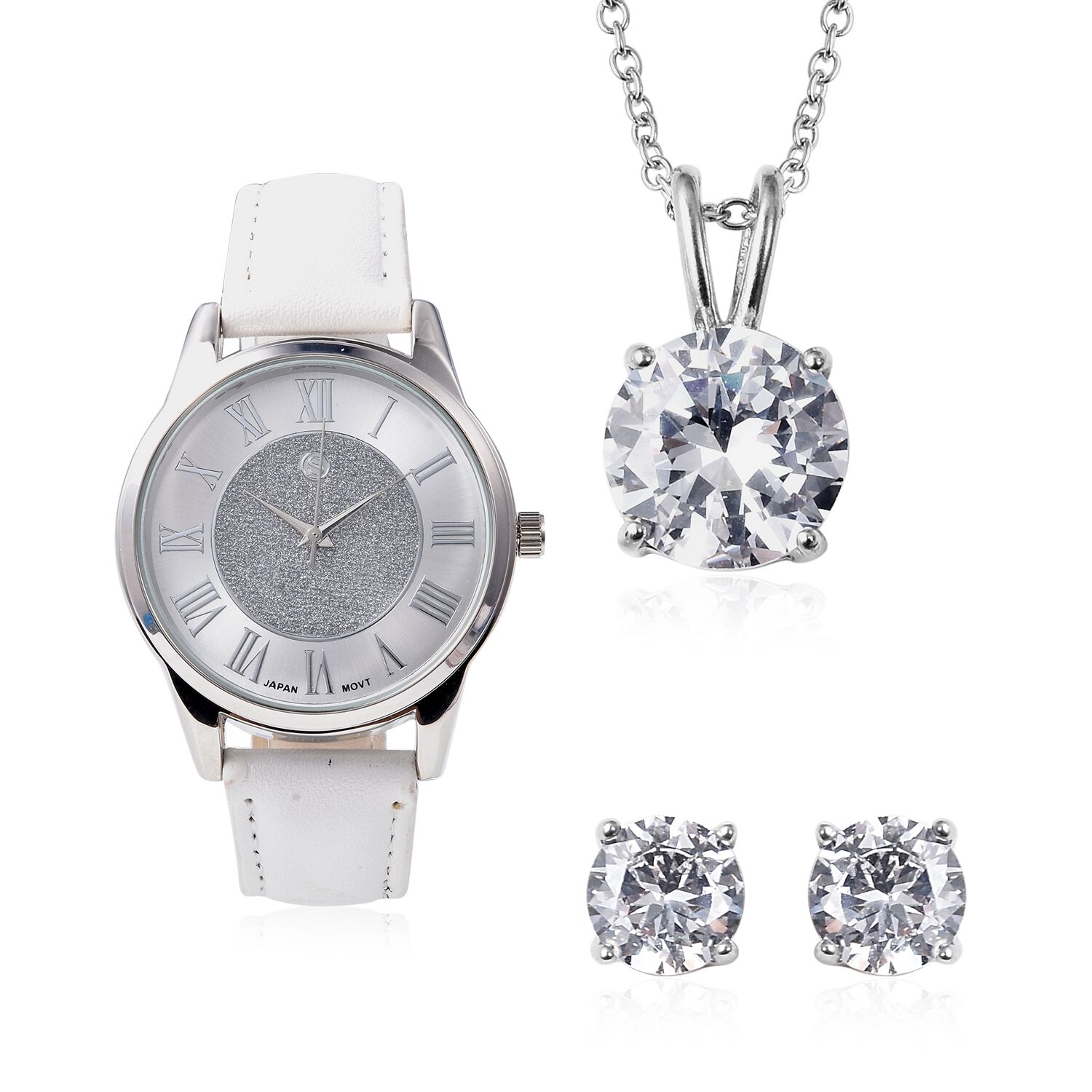 3 Piece Set - Simulated Diamond (Rnd) Pendant with Chain (Size 20), Stud Earrings (with Push Back) a