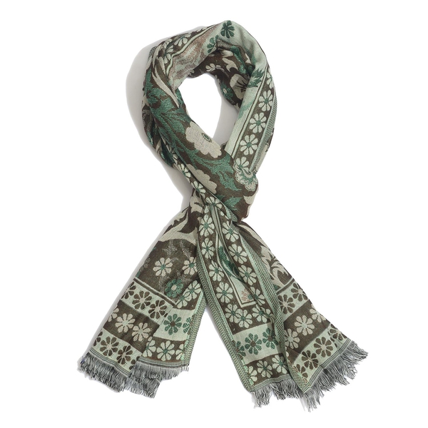 Chocolate, Cream and Green Colour Floral Pattern Scarf (Size 175x65 Cm)