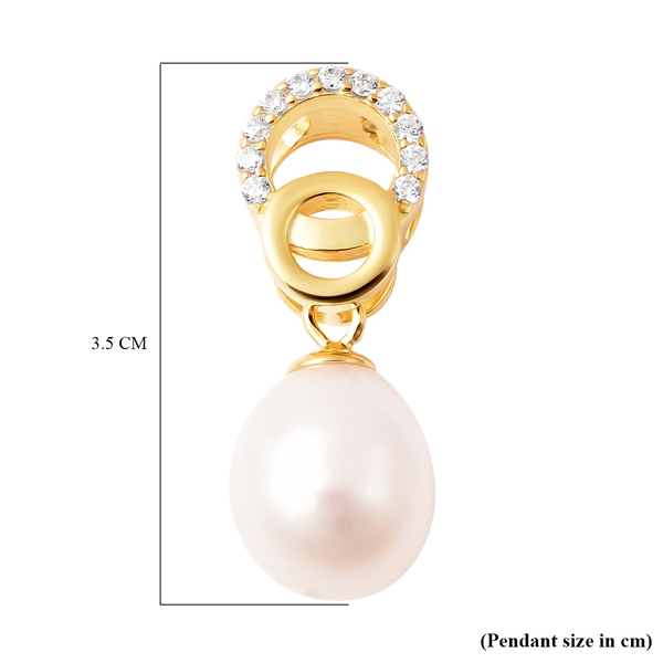 White Freshwater Pearl and Simulated Diamond Pendant in Yellow Gold Overlay Sterling Silver