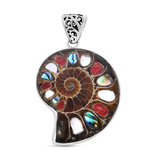 Royal Bali Ammonite and Abalone Shell and Mother of Pearl and Sponge Coral Pendant in Silver