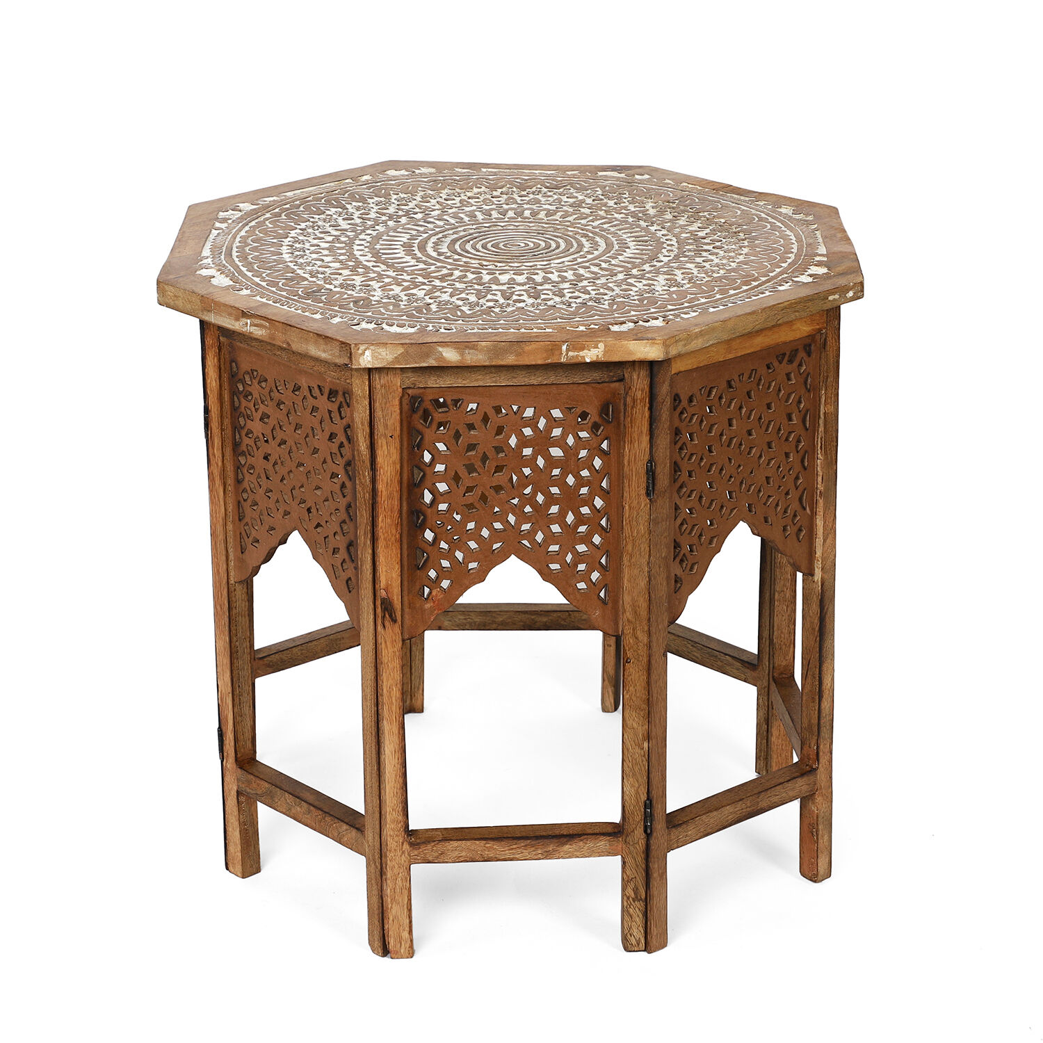 Hand Carved Octagon Shape Mango Wood Table (Size 66x66x56 Cm)