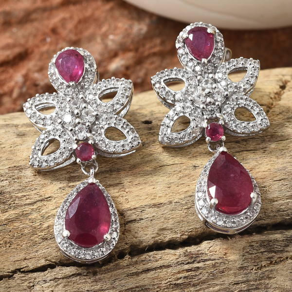 African Ruby (Pear), Natural Cambodian Zircon Earrings (with Push Back) in Platinum Overlay Sterling Silver 6.750 Ct, Silver wt 5.53 Gms.