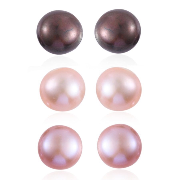 Set of 3 - Fresh Water Peach, Peacock and Purple Pearl Stud Earrings in Sterling Silver 30.000 Ct.