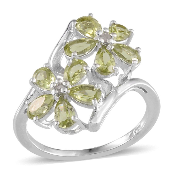 Hebei Peridot (Pear), Diamond Twin Floral Ring in Platinum Overlay Sterling Silver 2.030 Ct.