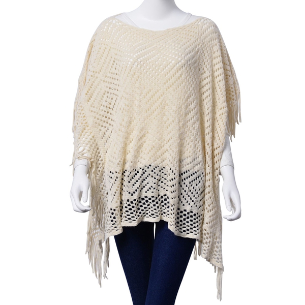 Diamond Pattern Off White Colour Poncho with Tassels (Size 80x70 Cm)