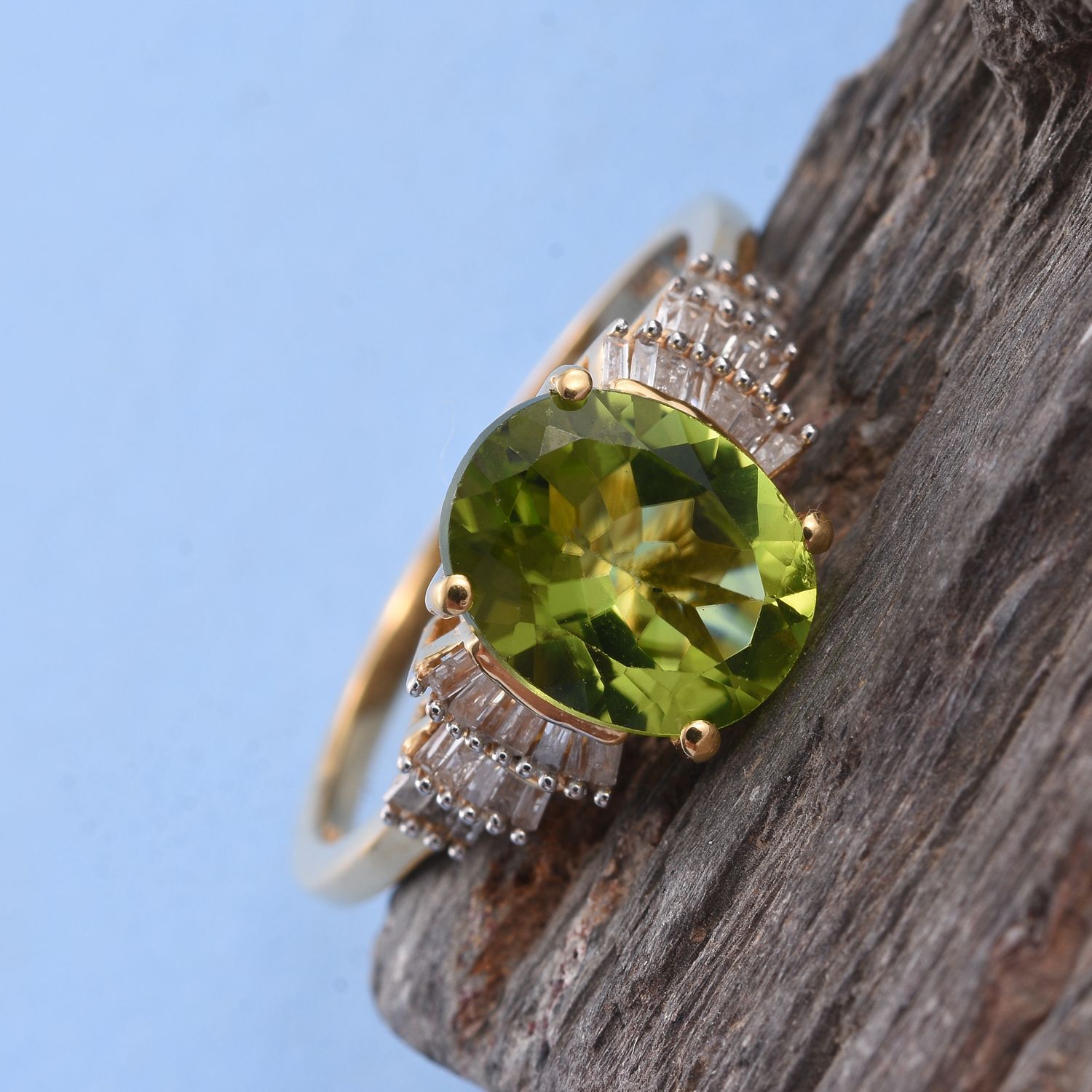 Rare Size Hebei Peridot (Ovl10x8), Diamond Ballerina Ring in 14K Gold Overlay Sterling Silver 3.150 Ct.