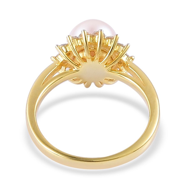 Japanese Akoya Pearl (Rnd 4.00 Ct), White Zircon Ring in Yellow Gold Overlay Sterling Silver 4.750 Ct.