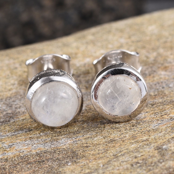 Natural Rainbow Moonstone (Rnd) Stud Earrings (with Push Back) in Platinum Overlay Sterling Silver 2.000 Ct.