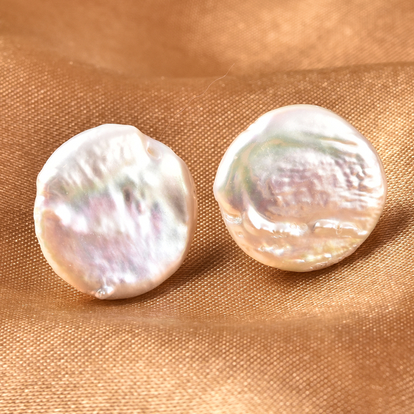 White Baroque Pearl Stud Earrings (with Push Back) in Yellow Gold Overlay Sterling Silver