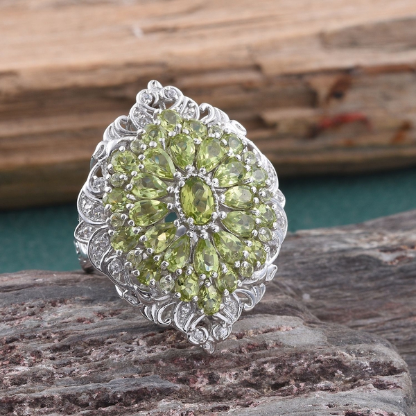 Hebei Peridot (Ovl 0.50 Ct), Natural Cambodian Zircon Ring in Platinum Overlay Sterling Silver 6.500 Ct. Silver wt 10.50 Gms.