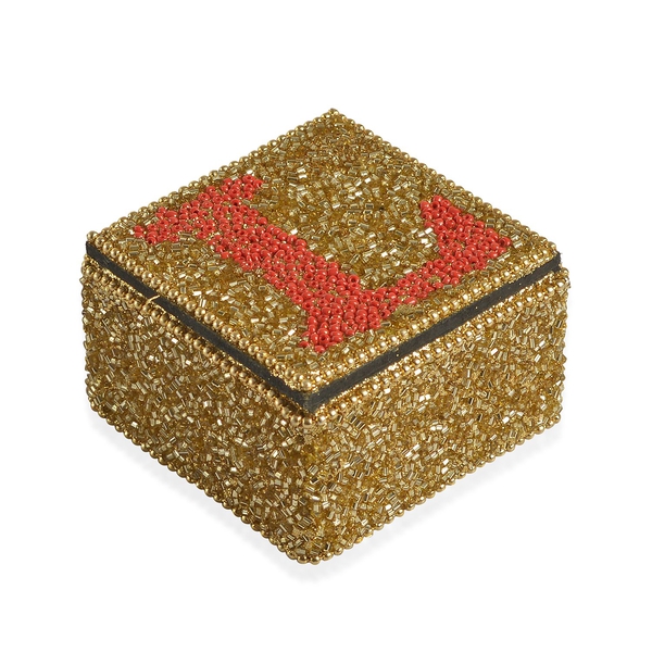LOVE - Set of 4 - Handcrafted Golden and Red Beads Embellished Love Bling Box (Size 6.5X6.5X4 Cm)
