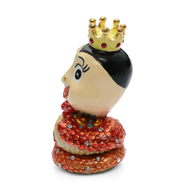 Snake King Shape Red Enameled Trinket Box in Gold Tone With Red and White Austrian Crystal
