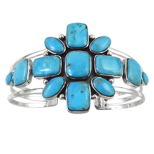 Santa Fe Collection - Kingman Turquoise Cuff Bangle (Size 6.5) in Sterling Silver 15.00 Ct, Silver W