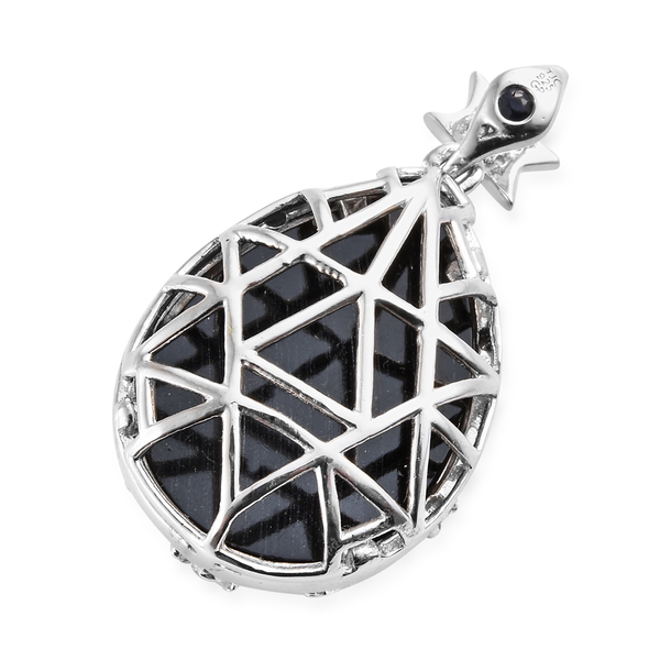 GP Boi Ploi Black Spinel (Pear 24.00 Ct), Natural Cambodian Zircon and Kanchanaburi Blue Sapphire Pendant in Platinum Overlay Sterling Silver 24.500 Ct.