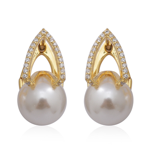 Simulated White Pearl and Simulated Diamond Hoop Earrings in Yellow Gold Overlay Sterling Silver