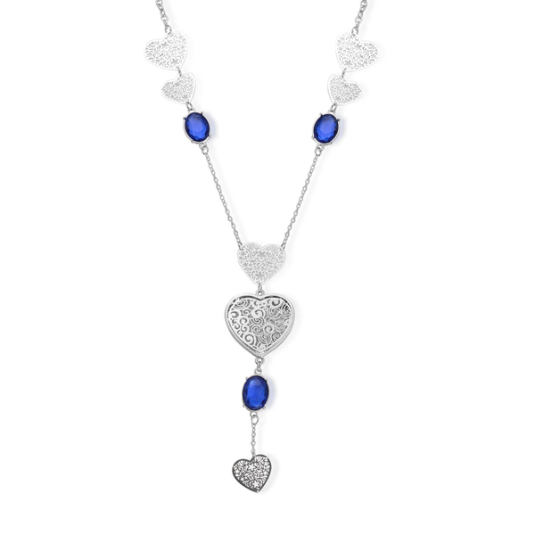 Blue Glass and White Austrian Crystal Necklace (Size 28) in Silver Tone