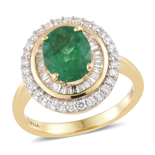 ILIANA 2 Carat AAA Premium Emerald and Diamond Halo Ring in 18K Gold 5.02 Grams SI GH