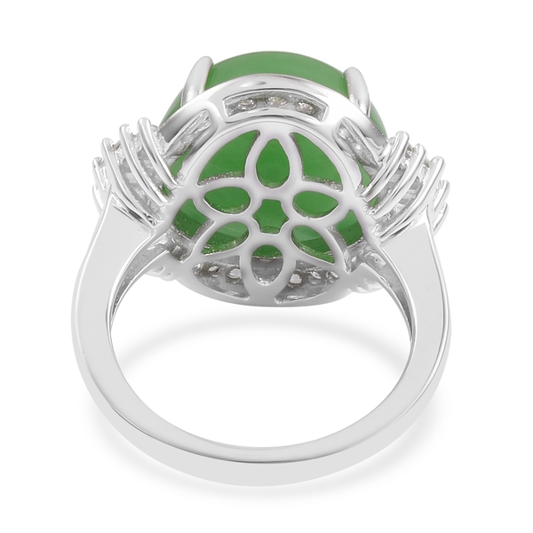 Green Jade (Rnd 11.00 Ct), White Topaz Ring in Rhodium Plated Sterling Silver 11.920 Ct.