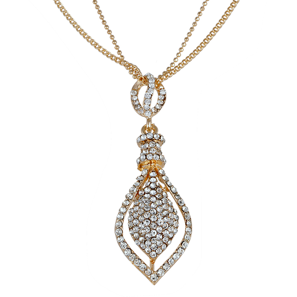 White Austrian Crystal Pendant With Chain and Earrings (with Push Back) in Gold Tone