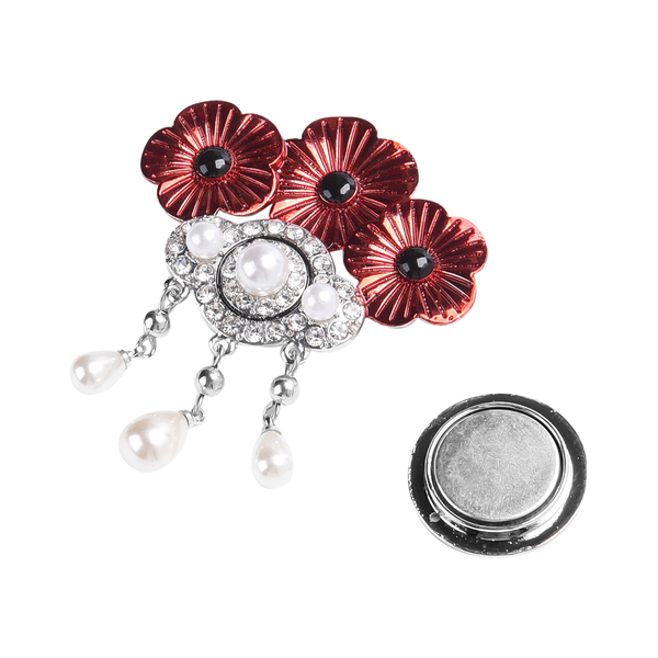 TJC Poppy Design - Simulated Pearl, White Austrian Crystal and Simulated Black Spinel Enamelled Magnetic Poppy Brooch