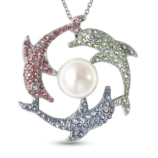 White Shell Pearl and Multi Colour Austrian Crystal Triple Dolphin Necklace (Size - 20) in Stainless