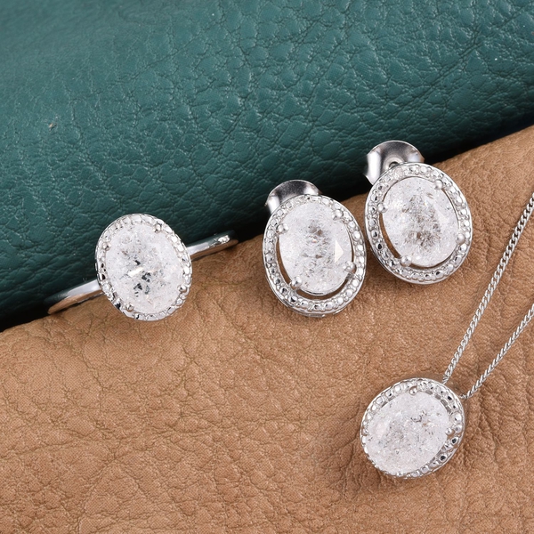 Diamond Crackled Quartz (Ovl), Diamond Ring, Pendant With Chain and Stud Earrings (with Push Back) in Platinum Overlay Sterling Silver 7.280 Ct.