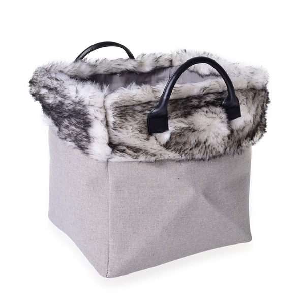 Set of 2 - 70% Cotton Light Grey Colour Multi Purpose Faux Fur Basket with Faux Leather Handles (Size Small 26X26X26 Cm and Large 31X31X31 Cm)