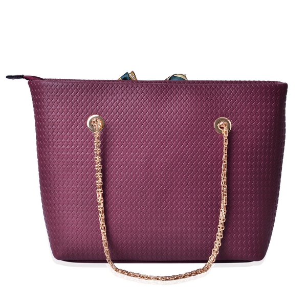 Diamond Pattern Burgundy Colour Large Tote Bag with Chain Strap and Multi Colour Colour Scarf (Size 44x29x15 Cm, 51x47 Cm)