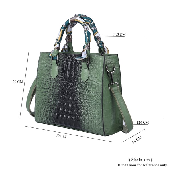 SENCILLEZ 100% Genuine Leather Croc Embossed Pattern Convertible Bag with Handle Scarf and Shoulder Strap (Size 28x10x24 Cm) - Green