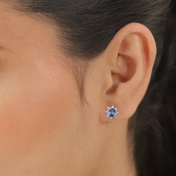 AAA Ceylon Sapphire and Natural Cambodian Zircon Stud Earrings (with Push Back) in Rhodium Overlay Sterling Silver 1.19 Ct.