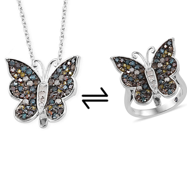 GP Multi Colour Diamond (Rnd), Kanchanaburi Blue Sapphire Butterfly Pendant with Chain (Size 18) and