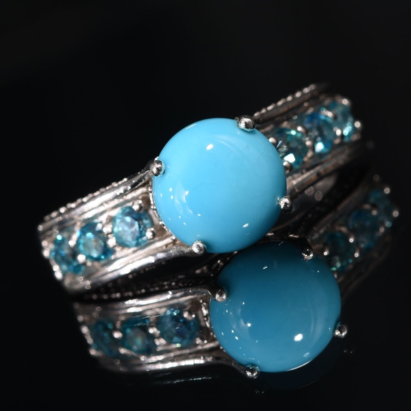 Arizona Sleeping Beauty Turquoise (Rnd 2.10 Ct), Signity Pariaba Topaz Ring in Platinum Overlay Sterling Silver 3.000 Ct.