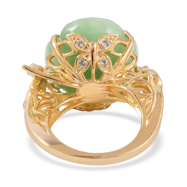 Carved Green Jade,White Topaz and Chrome Diopside Flower Ring in Yellow Gold Overlay Sterling Silver 22.645 Ct, Silver wt 6.15 Gms.