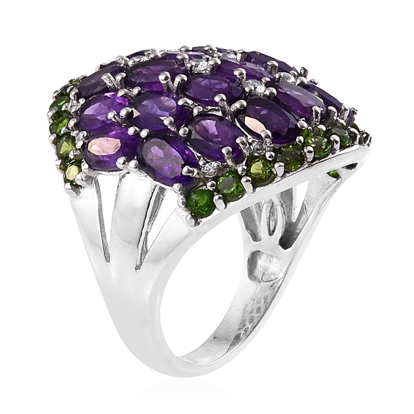 Limited Edition - Designer Inspired - Amethyst (Ovl), Chrome Diopside and Natural Cambodian Zircon Ring in Platinum Overlay Sterling Silver 10.500 Ct.