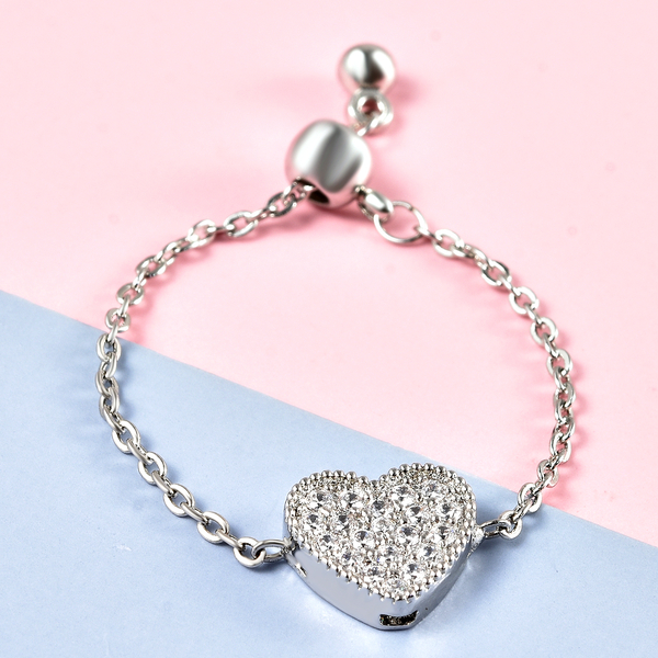 Simulated Diamond Heart Adjustable ( Size  I- U )Bolo Ring in Silver Tone