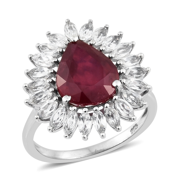 7.50 Ct African Ruby and White Topaz Halo Ring in Platinum Plated Silver
