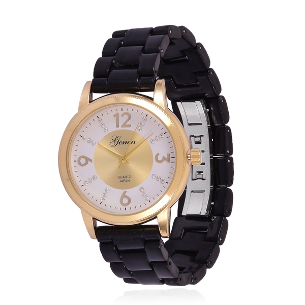 GENOA Japanese Movement White Austrian Crystal Studded White and Golden Dial Water Resistant Watch i