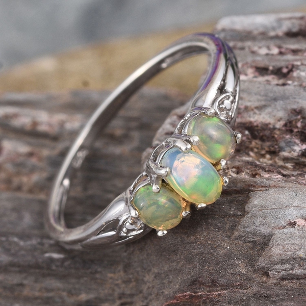 Ethiopian Welo Opal (Ovl) 3 Stone Ring in Platinum Overlay Sterling Silver 0.500 Ct.