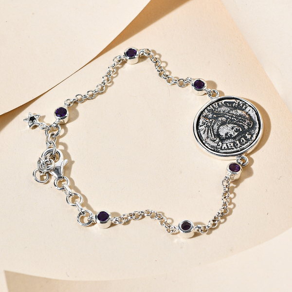GP Roman Coin Collection - Amethyst and Kanchanaburi Blue Sapphire Bracelet (Size - 7.5 With Extender) in Sterling Silver, Silver Wt. 8.66 Gms